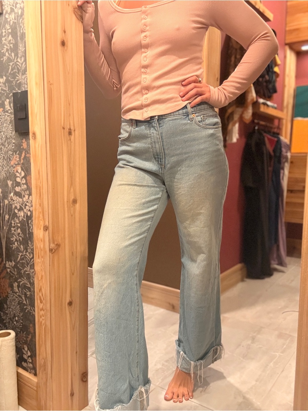 LOFT Light Blue Flare Jeans with Raw Hem